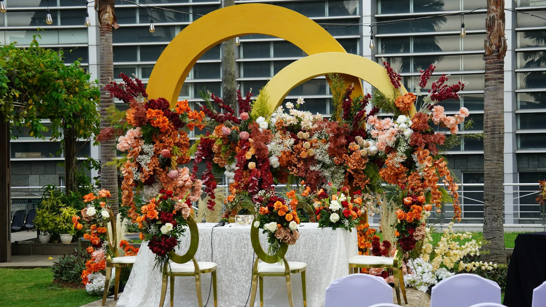 Floral arrangement at an outdoor event setup